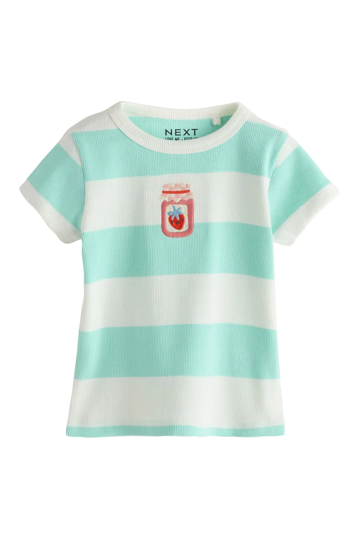 Camiseta Rayas turquesas y blancas con frasquito